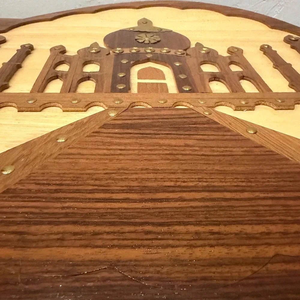 Vintage Indian Taj Mahal Wood Inlay Wall‎ Plaque Round Brass Studded Handmade